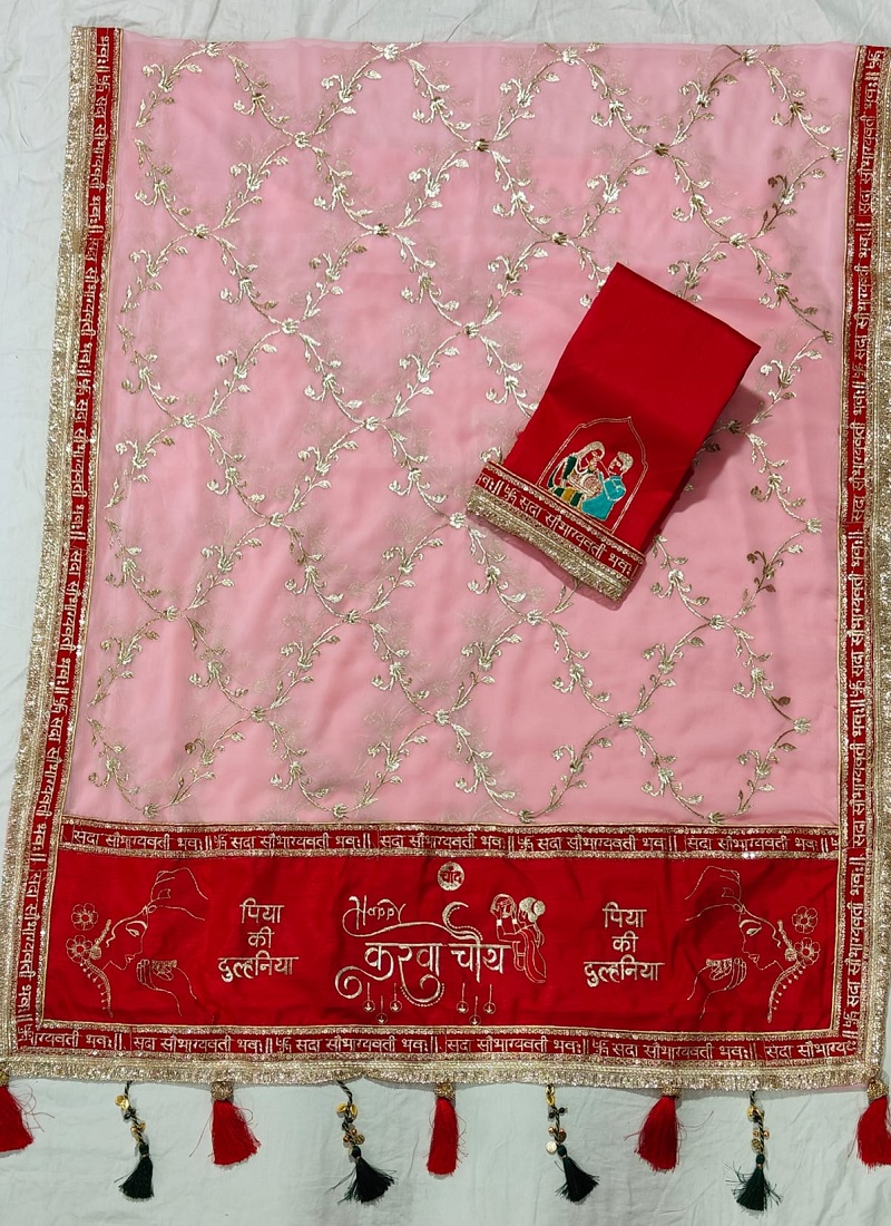 Tew Soft Georgette Zari Sequance Work Karva Chauth Special Saree